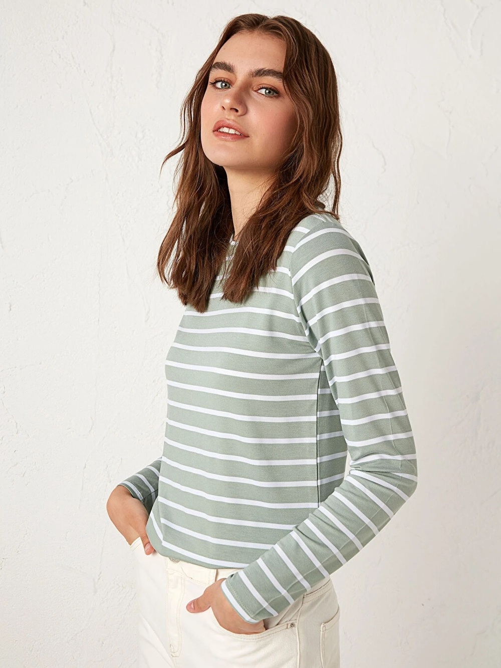 NWT Lake Pima Cotton Crew Long Sleeve Striped Pajama Shirt in Sage Green, Size M